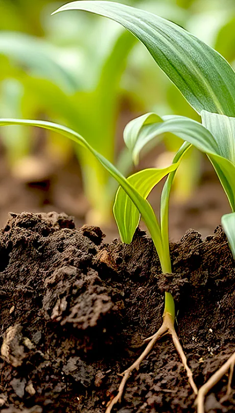 Field of corn with soil and roots visible